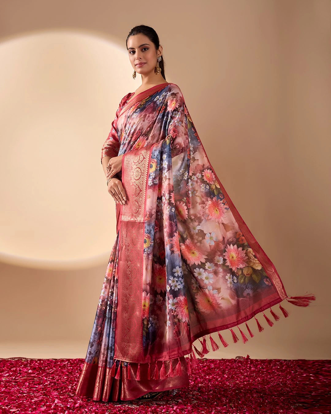 Soft Peach Digital Print & Zari Woven Border Soft Lichi Silk. – Kalyanja